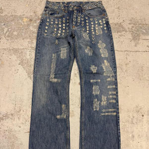 Vaqueros rectos vintage de algodón para hombre, personalizados, estilo retro, punk urbano, con adornos de ojales completos, desgastados y rotos. - Product Image 1