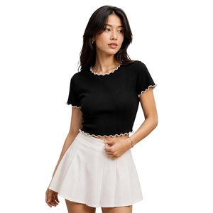 Women’s Black Ribbed <b>Crop</b> <b>Top</b> Short Sleeve Y2K Design Casual High Stretch Tee for Women 100% Cotton - Product Image 1