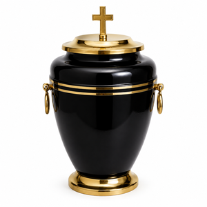 Urna Funeraria de Latón Negro para Cenizas Humanas, Cruz Cristiana, Recuerdo Conmemorativo para Adultos, Recipiente Funerario con Detalles en Oro, Hecho a Mano - Product Image 1