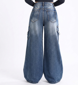 High Waist Wide Leg Distressed Denim Pants Full Length Loose Fit Cotton Casual Style Button Fly Frayed Edges - Product Image 3