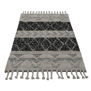 Tapis marocain tissé à la main en sergé plat, noir anthracite, pour tapis en coton à poils ras blanc cassé avec franges à pompons - Product Image 1