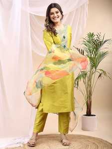 Women Ethnic Embroidered <b>Silk</b> Regular Fit <b>Kurta</b> Set Dupatta Indian Pakistani Outfit Festive Wedding Party Wear Recycled - Product Image 4