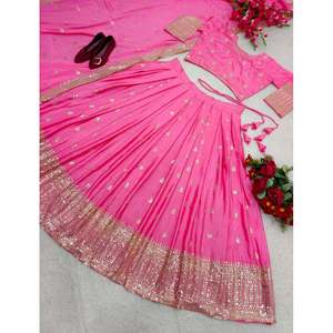 MODA SATIN SECUENCIA DE SECUENCIA EMRBOIDERY TRABAJO LEHENGA CHOLI CON DUPATTA PINK - Product Image 5