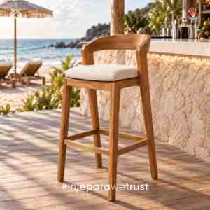 Modern Solid Teak Wood Bar Chair with Curved Backrest Upholstered <b>Seat</b> Luxury Hotel Restaurant Resort Counter <b>Stool</b> - Product Image 1