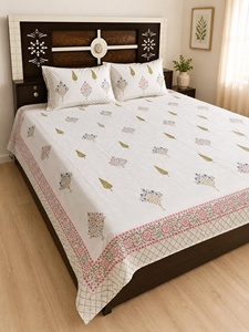 <b>King</b> <b>Size</b> Hand Block Print Cotton Bedsheet Set White Floral Bedding with 2 Pillow Covers Handmade Jaipur Linen - Product Image 2