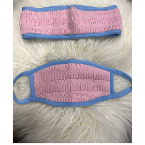Blue and Pink Trim Knit <b>Headband</b> and Face Mask Set Soft Stretch Winter Ear Warmer Matching Fashion Accessories Comfortable - Product Image 1