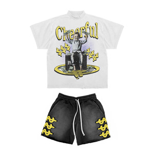 High Quality 200 GSM Cotton T Shirt and Shorts Set <b>White</b> <b>Tee</b> Black Shorts Puff Print Custom Logo 2 Pieces Sets - Product Image 1
