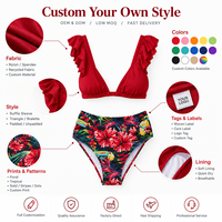 Pakaian Renang Bikini Wanita Dua Potong Bermotif Bunga Merah Biru Kuning dengan Ruffles, Leher Bentuk V, dan Bagian Bawah Bermotif, Punggung Bentuk U