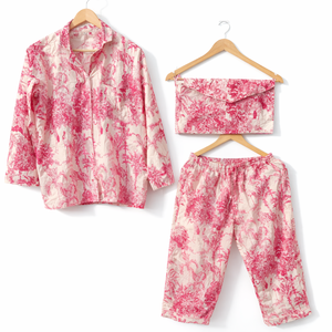 Conjunto de Pijama de Algodón Tejido Estampado a Mano con Rayas Verticales Florales y Animales para Mujer, de Secado Rápido, para Primavera/Verano, Ropa de Estar Elegante para la Noche - Product Image 1