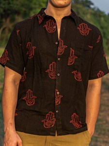 เสื้อเชิ้ตแขนสั้นสีดำลำลองสำหรับผู้ชายลายมือฮัมซา งานฝีมือปักลาย  ติดกระดุมสำหรับฤดูร้อน - Product Image 2