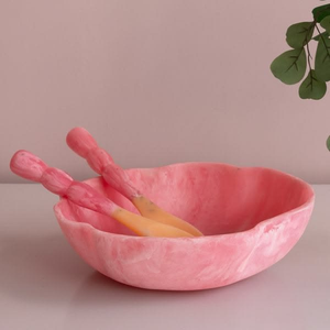 <b>Blue</b> Marbled Pattern Resin Salad <b>Bowl</b> with Two Matching Serving Spoons Lightweight Swirl Design - Product Image 2