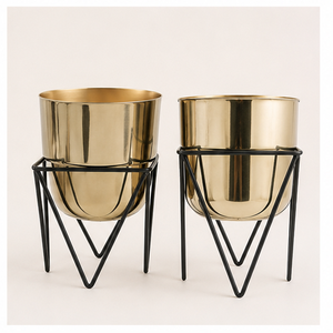 Modern Gold Metal Planters with Black Iron Stands Set of 2 Luxury Indoor Flower <b>Pots</b> for Living Room Decorative Plant <b>Holders</b> - Product Image 3
