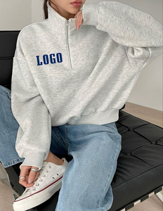 เสื้อฮู้ดดี้ผู้หญิงทรงโอเวอร์ไซส์สีเทา สไตล์วินเทจ ครอปครึ่งซิป ไหล่ตก ผ้าคอตตอนฟลีซหนานุ่ม สตรีทแวร์ พูลโอเวอร์ - Product Image 6