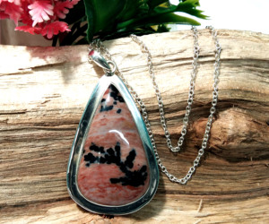Collar de Cadena con Gema de Ópalo Dendrítico Natural, Hecho a Mano, Unisex, Plata de Ley 925, Colgante de Moda - Product Image 3