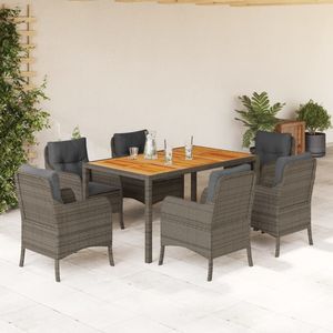 Ensemble de salle à manger de jardin en rotin gris 6 places avec housses amovibles, mobilier d'extérieur, plateau en teck, design contemporain - Product Image 1