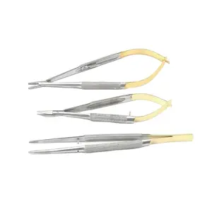 一套3牙科TC Castroviejo微型手术剪刀持针器钳镀金医疗器械
