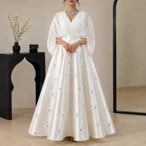 White Satin Embroidered Kaftan Maxi Dress Elegant Modest Evening Gown Designer <b>Bridal</b> Reception Party Dress for Women - Product Image 2