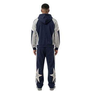 Ensemble de survêtement personnalisé en molleton de coton, coupe ample, avec impression en relief, bleu marine et crème, comprenant un sweat à capuche et un pantalon de survêtement, style streetwear - Product Image 2