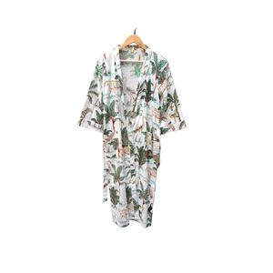 ชุดกิโมโนผ้าฝ้ายออร์แกนิคพิมพ์ลายด้วยมือ |   ชุดคลุมอาบน้ำพิมพ์ลายดอกไม้และสัตว์สำหรับผู้หญิงคอวี |   ชุดลำลองแขนยาวแบบยั่งยืน - Product Image 1