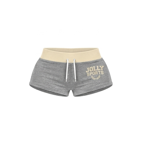 Shorts en molleton français coton-polyester pour femme, gris beige, ceinture contrastante, impression en relief, logo personnalisé. - Product Image 1