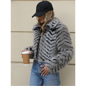 Manteau court en fausse fourrure motif zèbre OEM, style urbain, avec col à revers en peluche exquise et duveteuse, veste d'extérieur épaisse pour l'hiver, style motard - Product Image 5