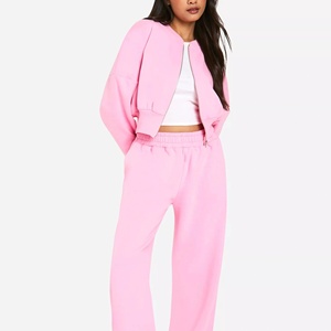 Women's <b>Pink</b> Two-Piece <b>Tracksuit</b> <b>Set</b> Crop Top With Zipper Full Sleeve Knitted Polyester Regular Fit Solid Color Casual Wear - Product Image 6