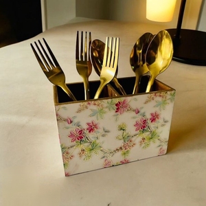 Handmade Wood Cutlery Organizer Caddy Floral Print <b>Tabletop</b> <b>Storage</b> Box Multi Compartment Spoon Fork Holder Dining Container - Product Image 1