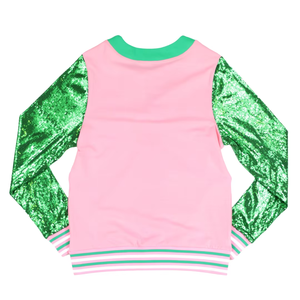 Cárdigan con logo AKA rosa y verde, suéter con botones para hermandad, chaqueta de moda con mangas brillantes, atuendo elegante y moderno para mujer - Product Image 2