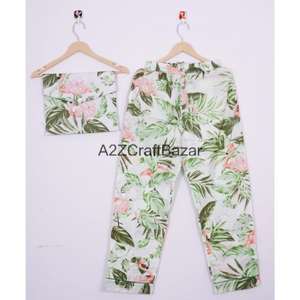 Ensemble de pyjama pour femmes imprimé floral de luxe fait à la main, 100% coton, taille élastique, manches longues, vêtements de nuit d'été, doux et respirant - Product Image 3