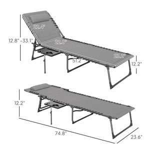 Sdraio Pieghevole Grigia da Esterno con Schienale Regolabile a 5 Livelli, Tavolino Laterale Resistente alle Intemperie e Tasca Porta Cuscino per Prendere il Sole - Product Image 3