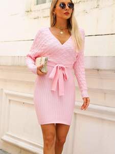 Vestidos de suéter de punto acanalado con cuello en V ancho, cintura alta y lazo frontal para mujer, estilo mini cruzado, venta al por mayor de fábrica de ropa, personalizados para otoño - Product Image 4