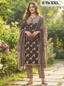 <b>Womens</b> Premium Cotton Digital Print 3-Piece Wrinkle Free Quick Dry All Seasons <b>Kurti</b> Pant Dupatta Set | Traditional Indian - Product Image 3