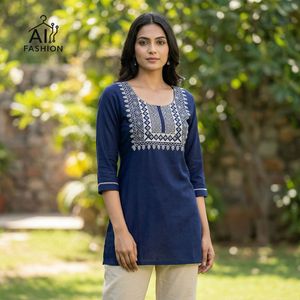 Kurtis Cortos de Rayón Bordados en Azul Marino para Mujer, Estilo Tradicional Informal, Largo Midi, Corte Regular, Estilo India-Pakistán - Product Image 1