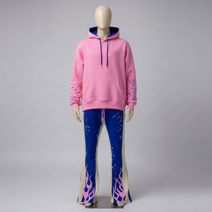 Unisex <b>Pink</b> Hooded <b>Tracksuit</b> Set Full Length Solid Print Blue Pants Sleeve Streetwear Adult Autumn Polyester Regular Fit - Product Image 4
