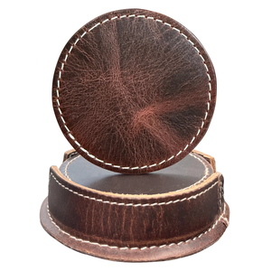Sous-verres classiques en cuir marron, ensemble de sous-verres ronds en cuir avec support, tapis de table cousus, sous-verres pour tasses - Product Image 5