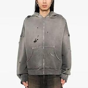 Sweat à capuche zippé oversize pour homme, effet délavé, imprimé par pulvérisation, en molleton, style streetwear - Product Image 1