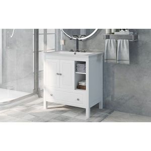 30-Inch Solid Wood Bathroom Vanity with Doors Drawers Ceramic <b>Sink</b> Practical <b>Storage</b> Cabinet - Product Image 3