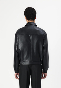 Chaqueta Bomber de Cuero Vacuno Negro para Hombre, Cuello Camisero, Cierre de Cremallera, Corte Regular, Estilo Casual para Otoño, Color Sólido - Product Image 2