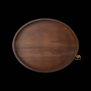 Plateau ottoman en teck fait main, plateau de service ovale en bois avec poignées - Product Image 2