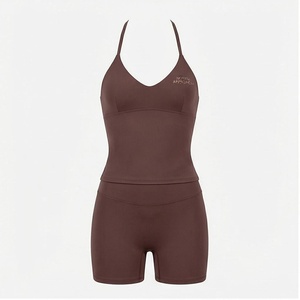 Ensemble de yoga 2 pièces North Approach, col en V, bretelles spaghetti, marron uni, taille haute, sans couture, respirant, vêtements de sport - Product Image 1