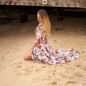 Nouvelle arrivée, robe d'été pour femmes, longue, 100% coton, col en V, manches longues, coupe évasée, robe de soleil formelle - Product Image 3