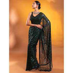 Atractivo verde oscuro Lentejuelas Georgette Mehendi Wear Saree - Product Image 5