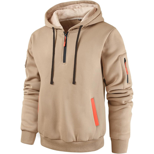 Sweat-shirt à capuche mi-zippé bleu marine pour homme, coupe classique, décontracté, pour l'automne, avec accents orange, poche intégrée, en tissu tricoté - Product Image 4