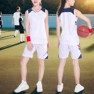 Ensemble de maillots de basket-ball pour femmes, blanc et bleu marine, col en V, manches longues, évacuation de l'humidité, respirant, taille élastique, coupe régulière, toutes saisons, 100% coton - Product Image 3