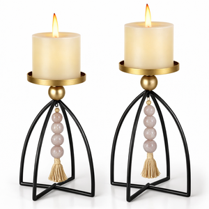 Gold and Black Candle Holders with White Beads Decorative Candle Stands with Tassel Accent Modern Home Decor for Stylish Table - Product Image 2