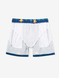 Short décontracté bleu ciel pour les vacances d'été, imprimé lettres sur toute la surface, cordon de serrage, poches obliques, coupe ample, idéal pour la plage, les vacances, Hawaï, les baignades tropicales - Product Image 3