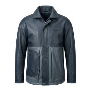 Chaqueta de Cuero Genuino Azul Marino para Hombre, Paneles Plegados en Tono Acero Personalizados, Cierre Frontal Completo, Cuello Alto, Fabricante de Prendas Exteriores - Product Image 1