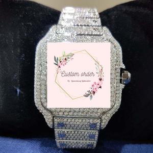 Montre analogique de haute qualité en acier inoxydable avec verre carré, sertie de moissanite, style hip-hop, chiffres bleus - Product Image 3