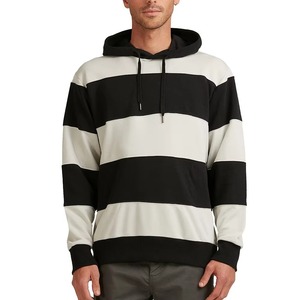 Sudadera con Capucha a Rayas Blancas y Negras para Hombre, Sudadera con Capucha de Algodón French Terry, Estilo Rugby, Streetwear, Oversize - Product Image 4