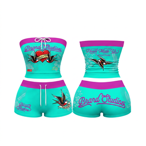 Ensemble 2 pièces short et haut sans bretelles pour femme, imprimé lettres, coupe ajustée décontractée, coton et polyester écologiques, style motard - Product Image 4